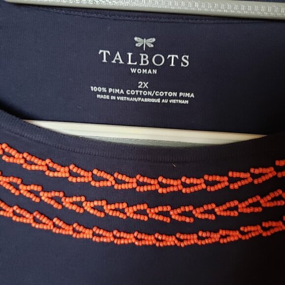 Talbots Beaded Crew Neck Navy Plus Sized Tee Size 2X - Picture 2 of 4